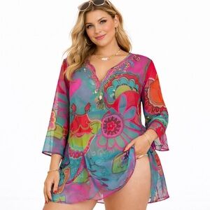 Vintage Y2K Sheer Beaded Swim Cover Up Tunic Med Boho Festival Resort Top India